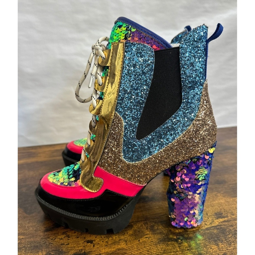 Cape Robbin Nell Glitter Chunky High Heel Platform Lace Up Boot Mermaid Womens 9 - Picture 13 of 16